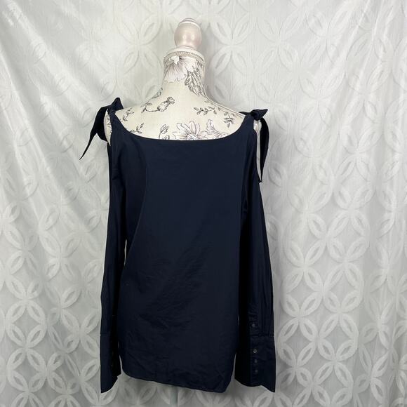 FRAME Bow Cold Shoulder Cotton Blouse In Navy Size M NWOT - Picture 6 of 9